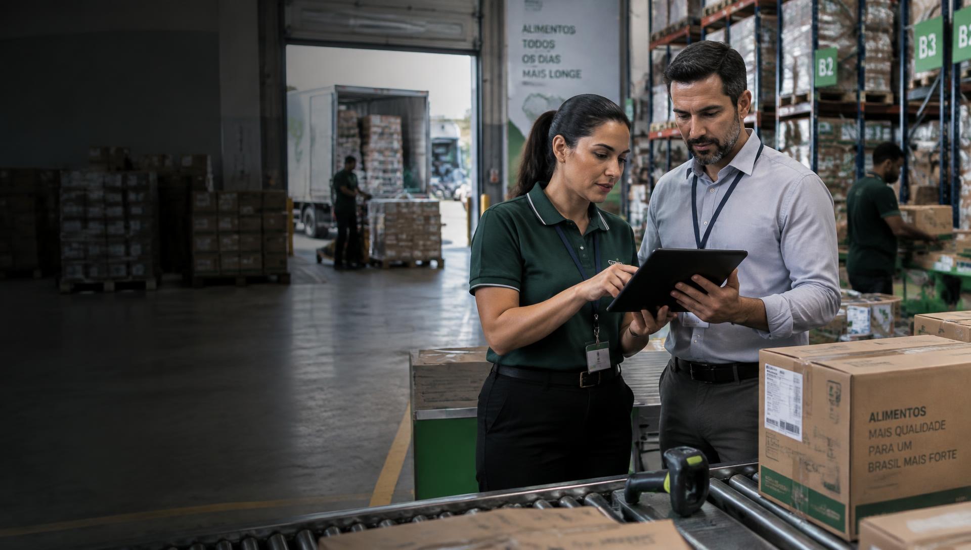 Especialistas analisando processos em um centro de distribuição de alimentos